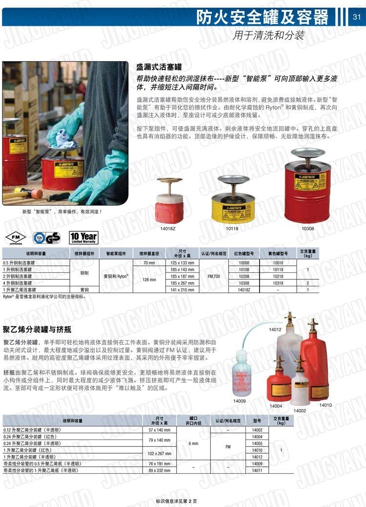 美國杰斯瑞特，JUSTRITE，活塞安全罐，盛漏式活塞罐，化學(xué)品分裝罐，